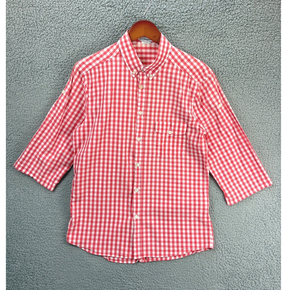 J.Lindeberg Slim Fit Button Down Shirt Mens M Red White Gingham Roll Sleeve